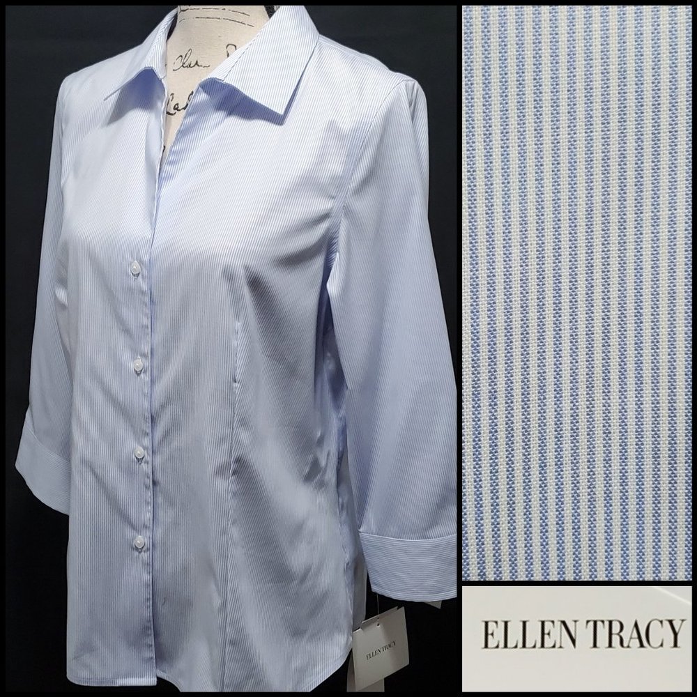 Ellen Tracy Blue Striped Cotton Dress Shirt